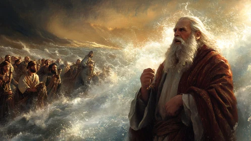 Sea-split journey under storm-lit skies with a steadfast guide.