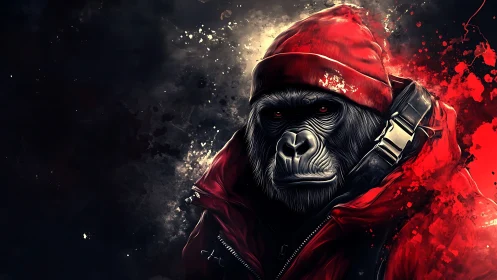 Urban gorilla guardian in bold red streetwear style.