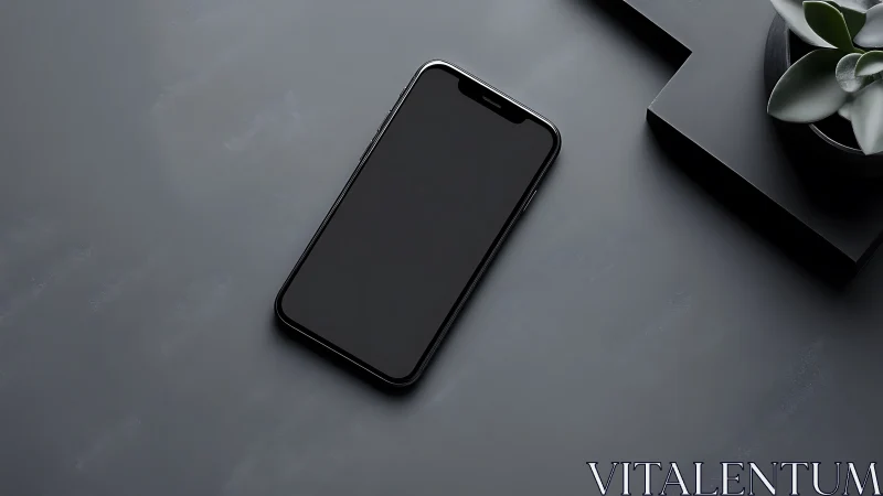 Black smartphone on gray surface with minimal desk setup.