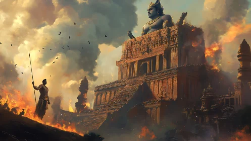 Warrior before burning temple and colossal seated deity.