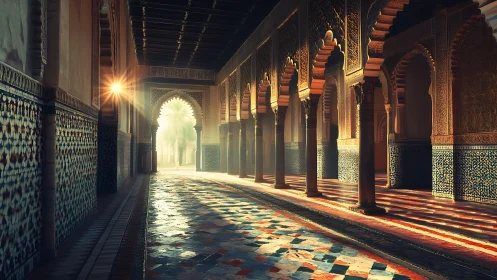 Sunlit arched corridor with geometric tiles and columns.