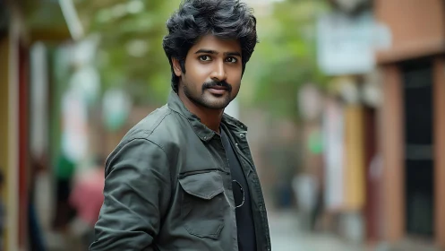 Streetwise gaze in soft-focus city light and muted color tones.