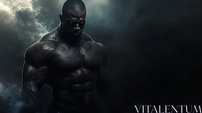 Muscular male figure in dark atmospheric digital render.