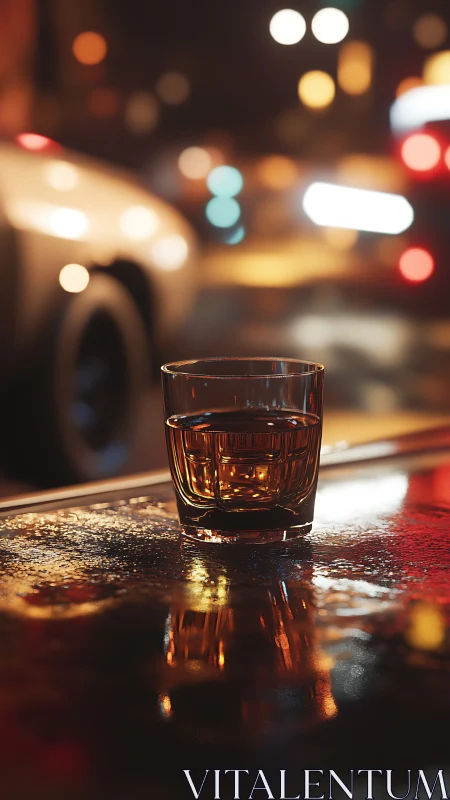 Whiskey Glass on Wet Pavement at Night.