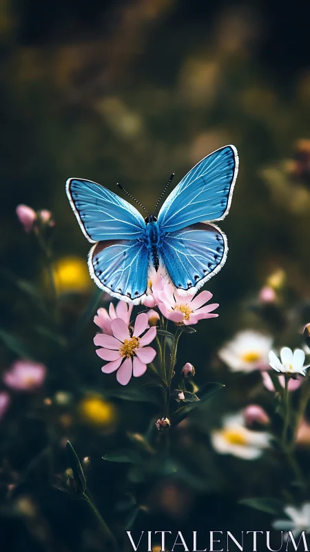 Blue butterfly on pink wildflower in soft blurred meadow