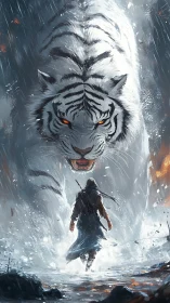 Lone wanderer meets a towering white tiger spirit in snow.