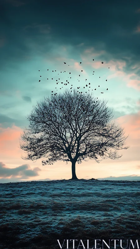 Solitary winter tree conducts birds against painted sky