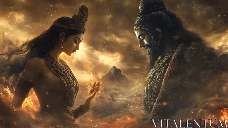 Digital painting of divine figures in molten atmospheric tableau.