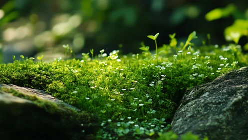 Tiny moss meadow glowing softly between forest stones.