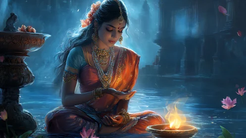 Serene woman in sari by water with lotus and flame.