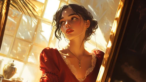 Woman in red dress sits near window in strong side lighting