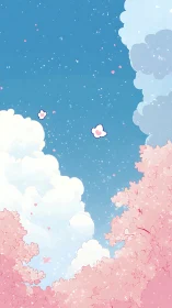 Soft pink blossom trees glow beneath a dreamy spring sky