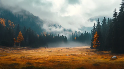 Mist-draped valley lets autumn pines whisper toward dawn