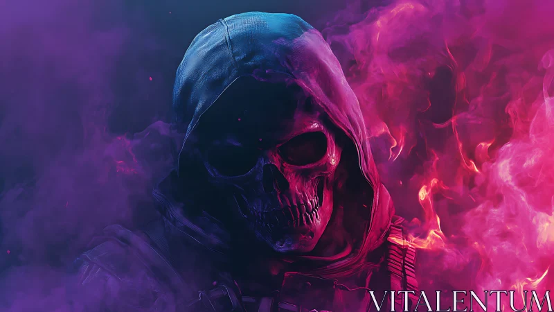 Hooded skeletal figure emerges from dense neon smoke