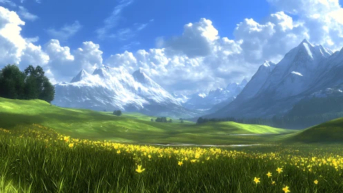 Sunlit meadows roll toward cloud-kissed alpine giants