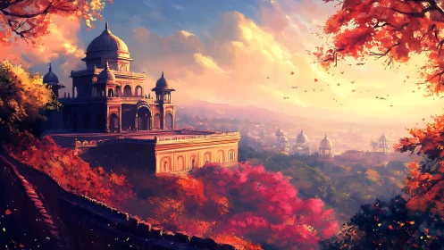 Golden domed palace glows gently above a sunlit valley