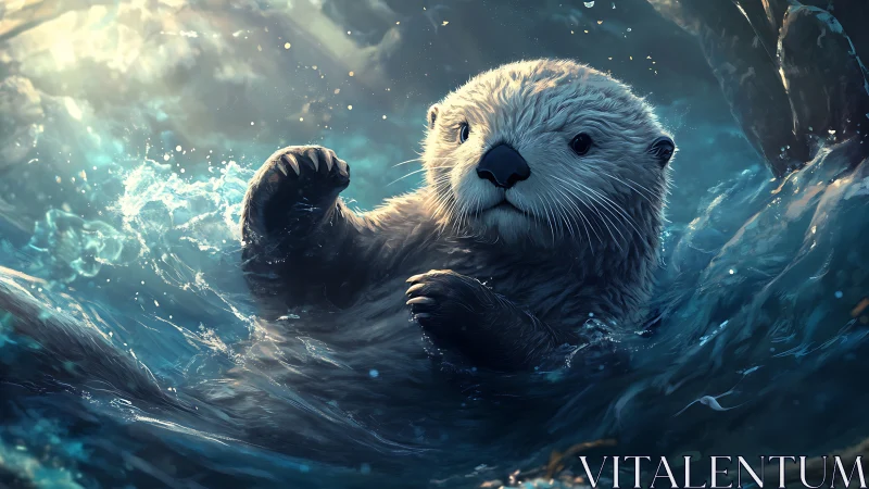 Sea otter swims through glowing teal ocean spray.