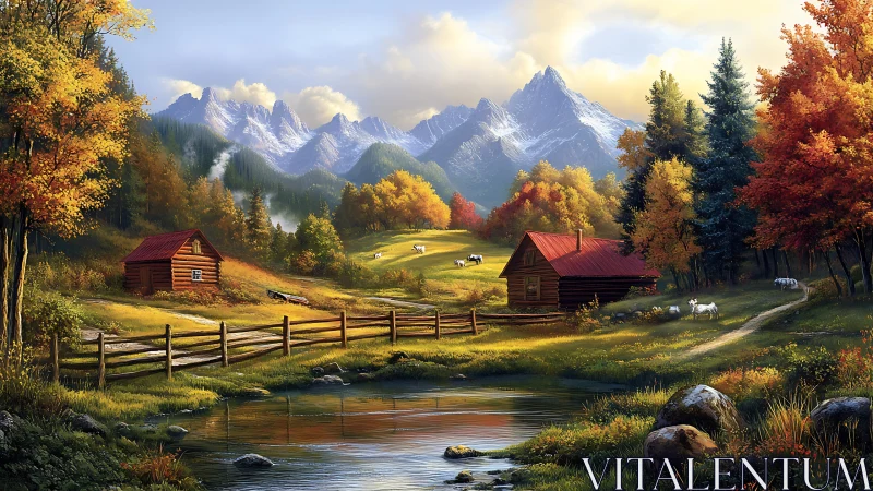 Autumn mountain valley with rustic cabins under crisp daylight