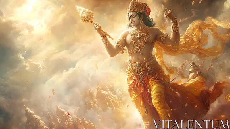 Divine warrior ascends above celestial city in radiant clouds