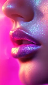 Neon closeup of glitter lips in vivid magenta light.