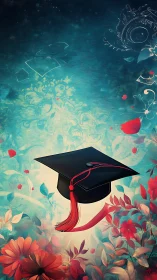 Graduation cap floats amid vibrant floral celebration background
