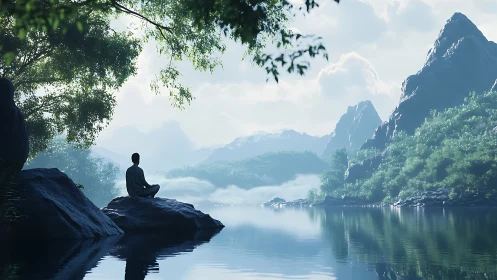 Solitary figure meditating beside misty mountain lake.