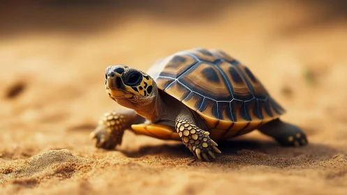 Desert jewel tortoise strolling across sunlit golden dunes.