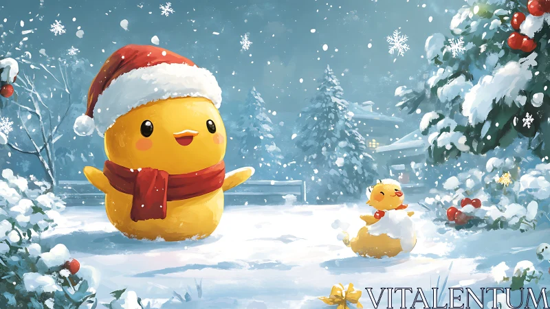 Cheerful Christmas chicks playing in a cozy snowy wonderland.
