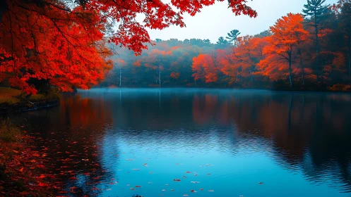 Crimson autumn shoreline mirrored on tranquil blue lake.