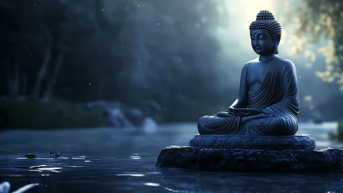 Buddha statue sits on stone platform in shallow water