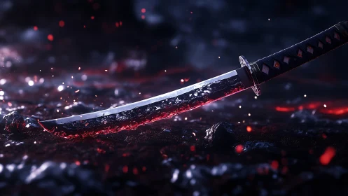 Fiery katana resting in glowing embers after the battle.