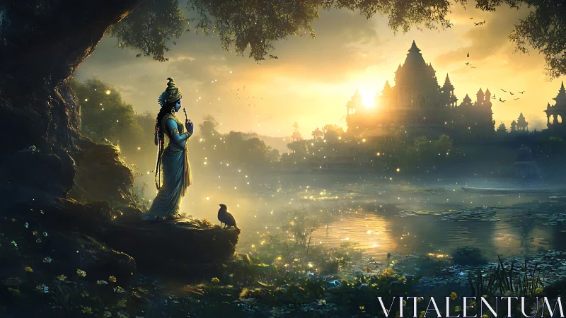 Divine figure beside river under luminous temple sunset.