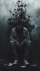 Solitary figure seated in dark, abstract shadow field.