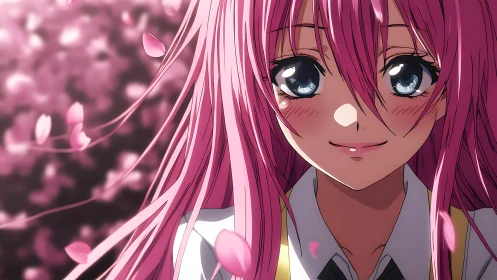 Soft pink haired anime girl smiles beneath drifting petals
