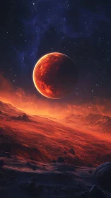 Lava-toned exoplanet horizon renders against star-dense night