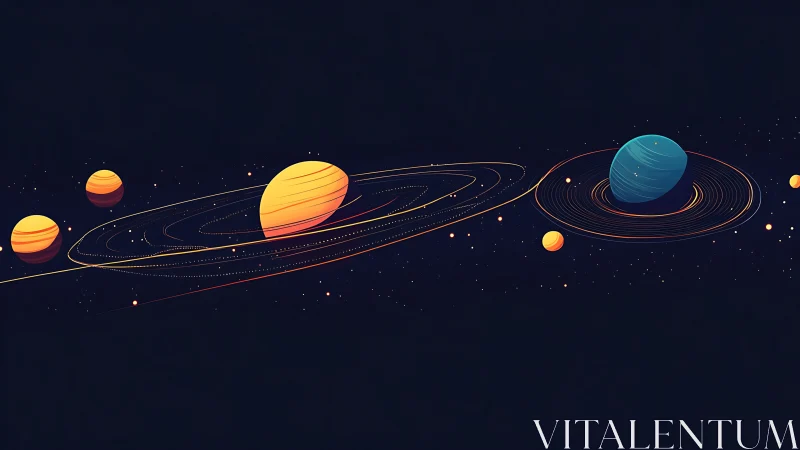 Stylized planetary system with multiple orbiting bodies.