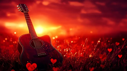 Sunlit acoustic guitar rests in glowing red heart field.