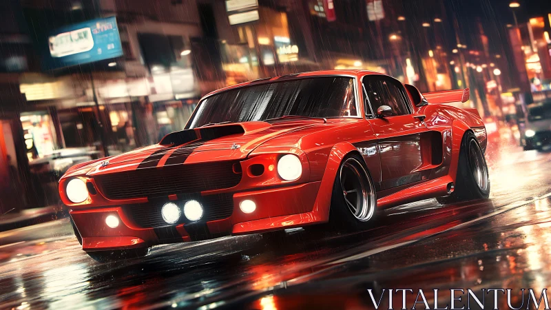 Rain slicked city streets welcome a bold red muscle car