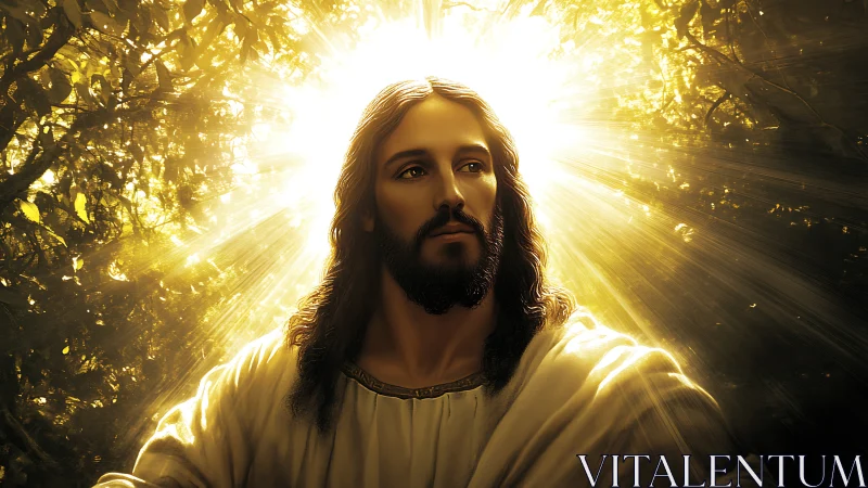 Gentle, radiant figure bathed in warm golden forest light.