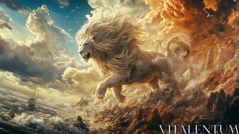 Majestic white lion striding across turbulent fantasy sky.