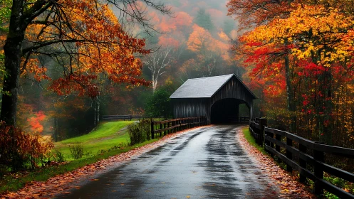 Wet asphalt curve into timber bridge in saturated autumn fog.
