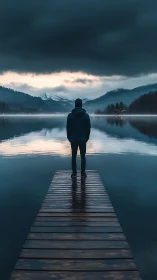 Person stands on wooden pier facing misty mountain lake