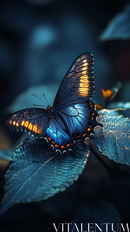 Blue butterfly rests on dewy leaf in soft moody light