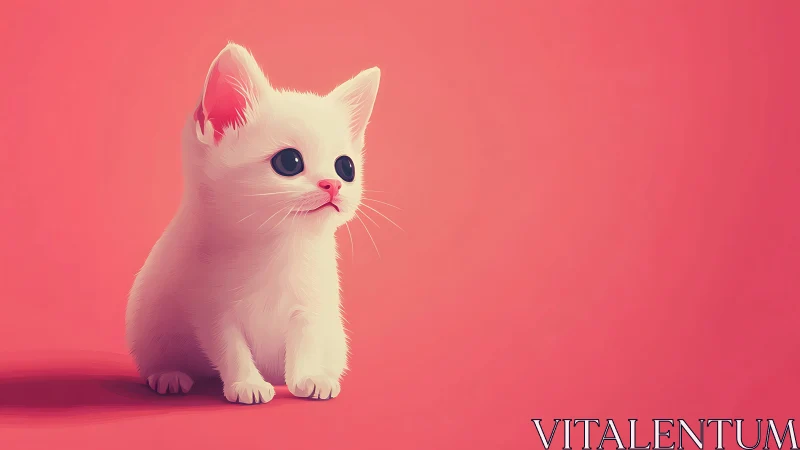White Kitten on Coral Pink Background in Soft Light.