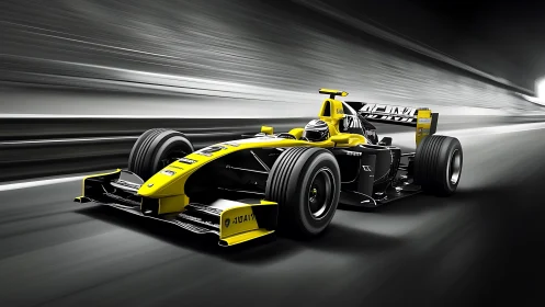 Yellow single seater race car on track in motion blur.