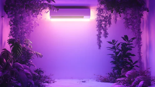 Indoor wall unit with hanging foliage in neon lighting.