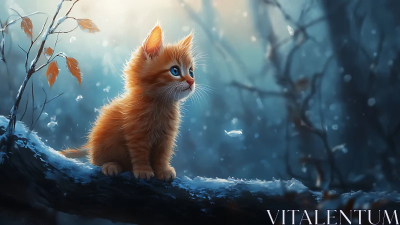 Ginger kitten stands alone in a magical winter forest setting.