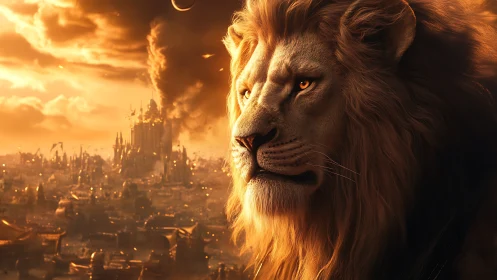 Lion head rendered over burning fantasy city at sunset