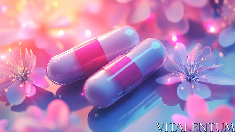 Gradient capsules with glowing botanical elements in soft focus.