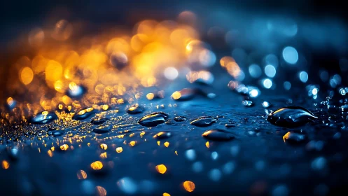 Glowing raindrops rest on cool blue ground in quiet light